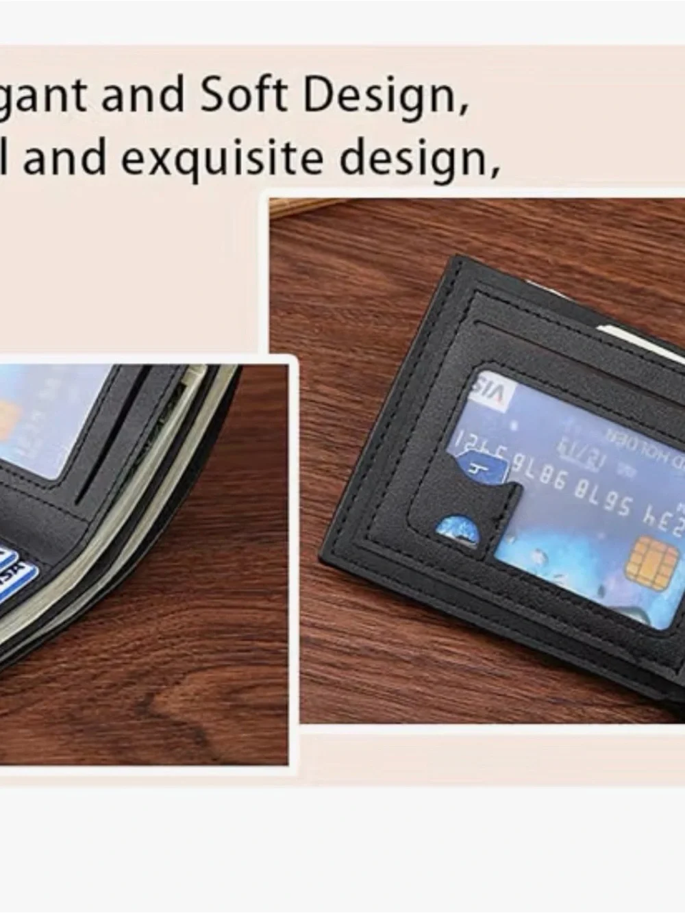 Men's Black Bifold Wallet with Metal Logo Plate Slim Design Black Leather